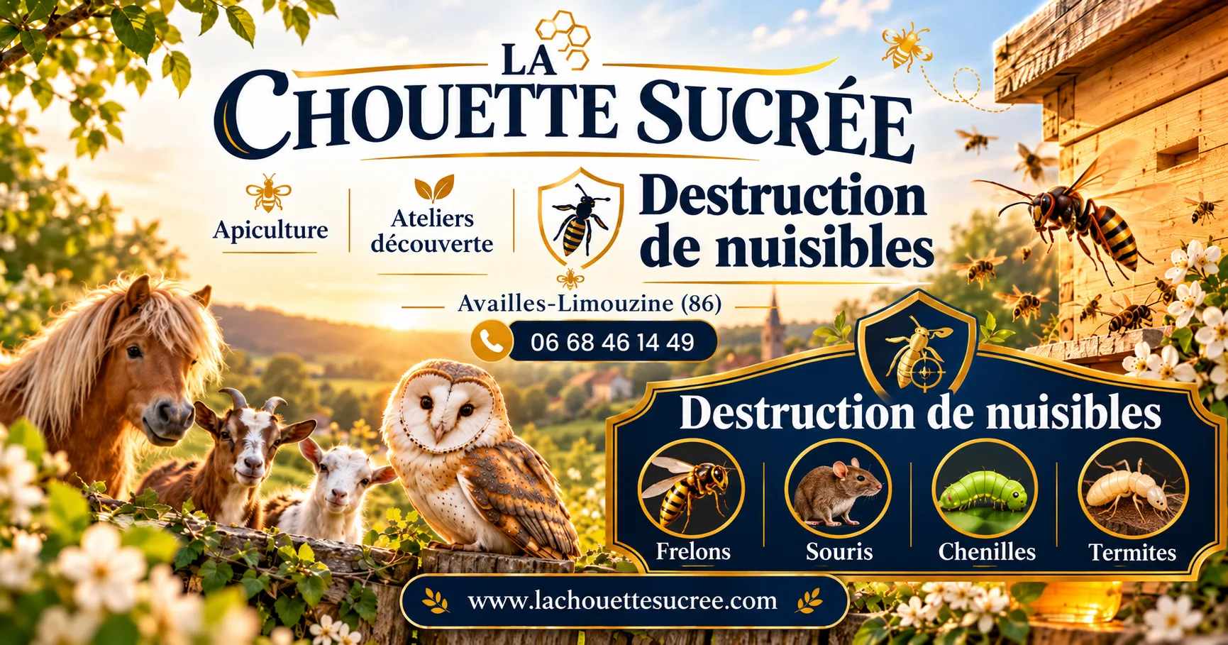 La Chouette Sucrée : apiculture, ateliers découverte et destruction de nuisibles à Availles-Limouzine (86). Contact : 06 68 46 14 49.